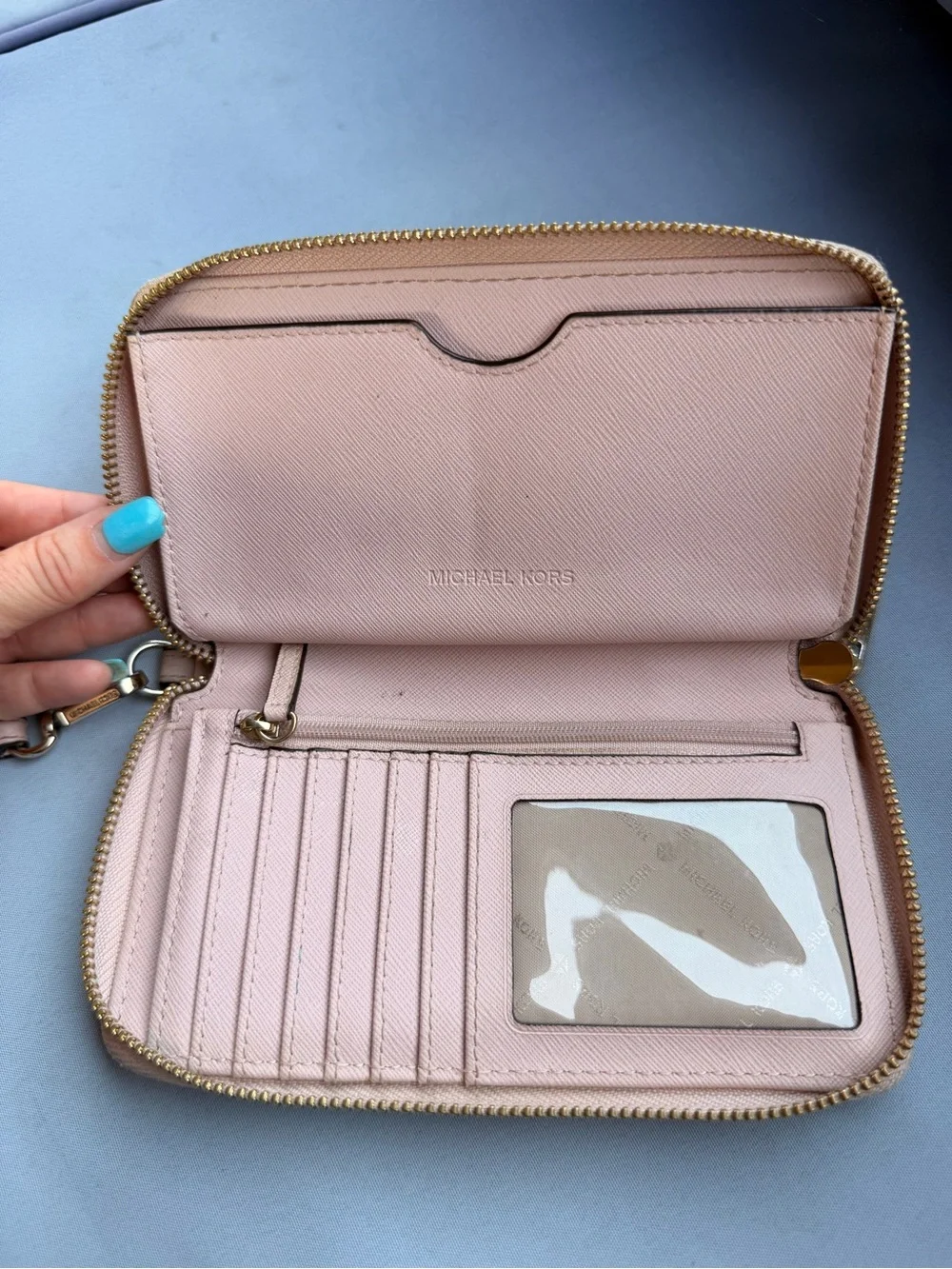Michael Kors Jet Set Travel Double Zip Leather Wristlet Wallet Blush Pink Gold